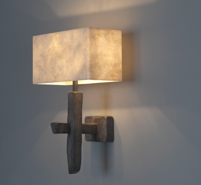 Amazing wall light designed by Hannah Woodhouse, hand carved wooden wall light with stone finish, and hand made paper shade, by Hannah Woodhouse.  Single Criss-Cross Wall lIght made for sailing yacht Inukshuk commissioned by Adam Lay Studio, recently won 