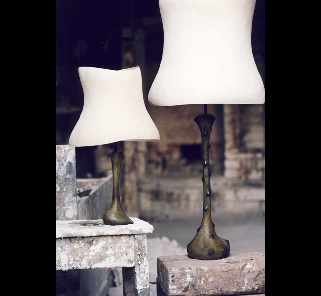 Handmade sculptural bronze table lamps, the Slipper lamp and Little Leila, made by sculptress Hannah Woodhouse, 