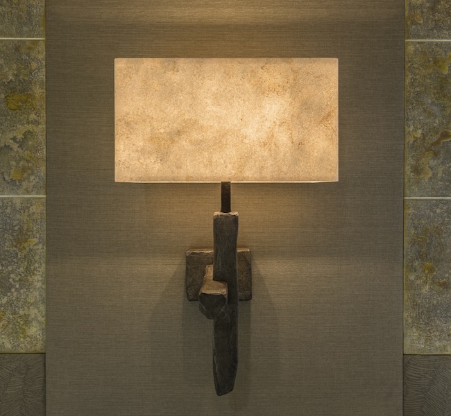 Wall Sconce in carved hard wood, by Hannah Woodhouse, bronze finish wall sconce, for super yacht Inukshuk 