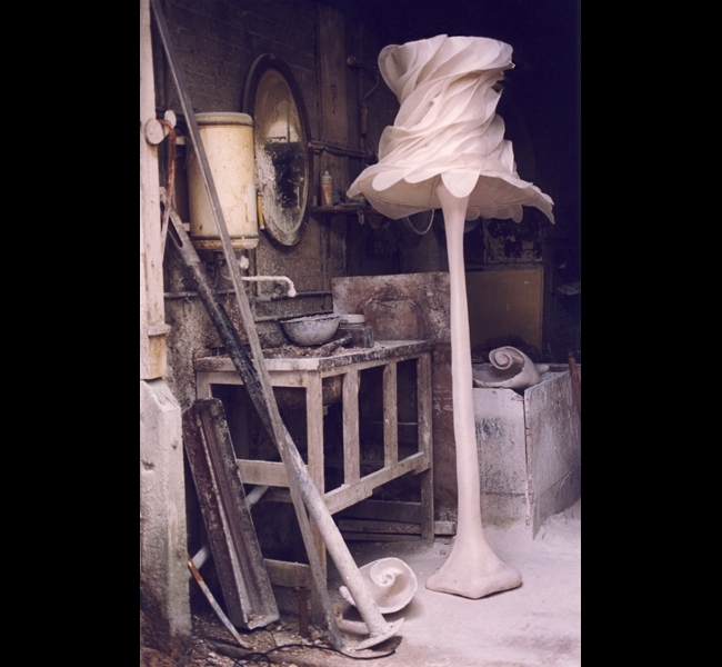 Extraordinary plaster floor lamp "Big James" with silk organza "Bride" lampshade, photographed in the foundry by sculptor and lighting designer Hannah Woodhouse. 