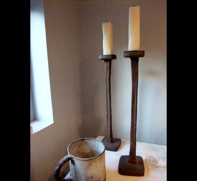 Chunky Extra Tall Candlesticks in cast iron with sculpted beeswax candles